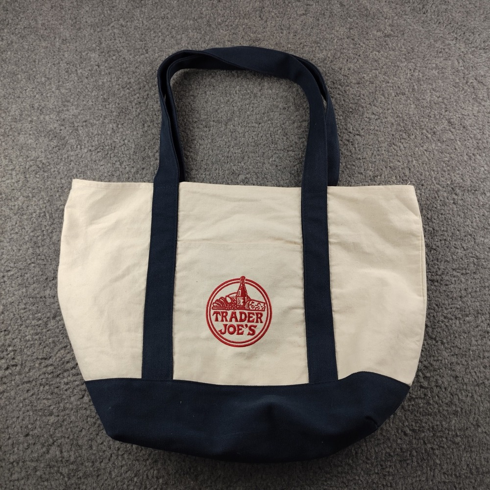 Trader Joe's Canvas Tote Bag Navy Blue Cream Embroidered Logo Reusable Grocery